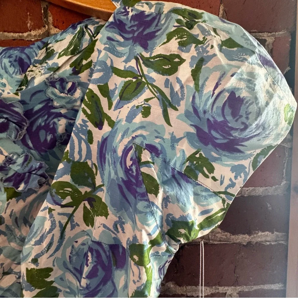 Floral Blue and Green Vintage Dress, 1950s blue roses, small - Picture 4 of 11
